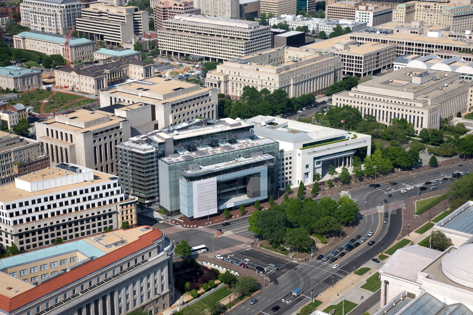Aerial view of the Newseum building on Pennsylvania Avenue in Washington, D.C.